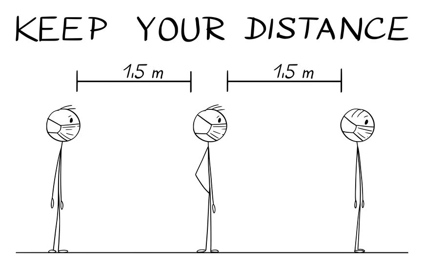 Vector Cartoon Instructional Illustration of How to Stand in Line or Be in Queue During Coronavirus COVID-19 Epidemic. Keep Your Distance Text